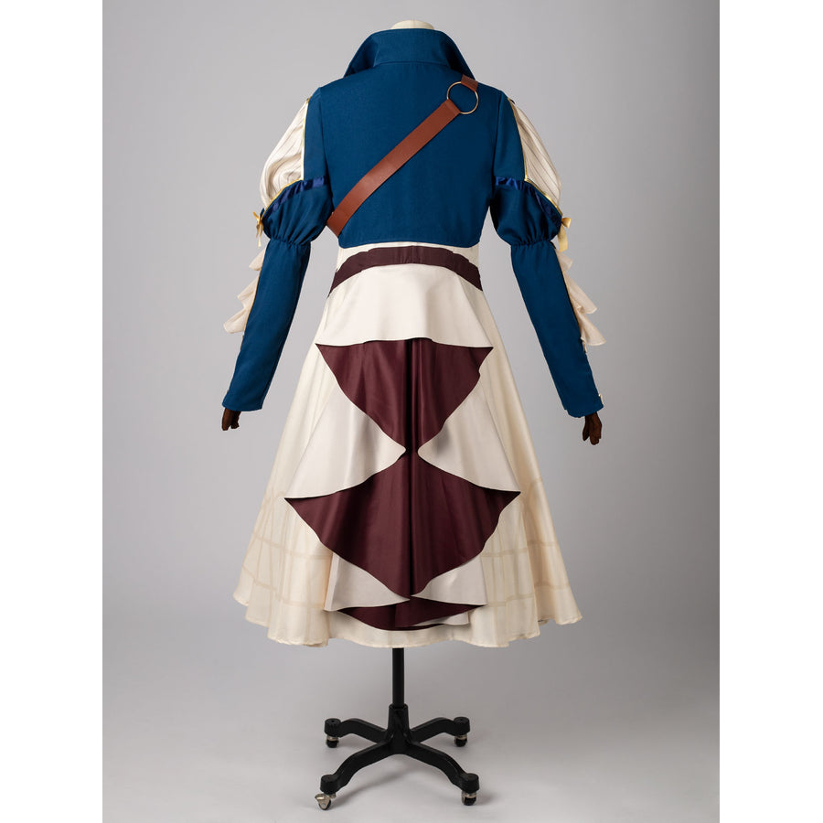 Violet Evergarden cosplay costume centers a blue jacket with a brown belt strap worn over a cream and maroon dress.