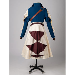 Violet Evergarden cosplay costume centers a blue jacket with a brown belt strap worn over a cream and maroon dress.