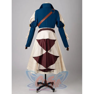 Violet Evergarden cosplay costume centers a blue jacket with a brown belt strap worn over a cream and maroon dress.