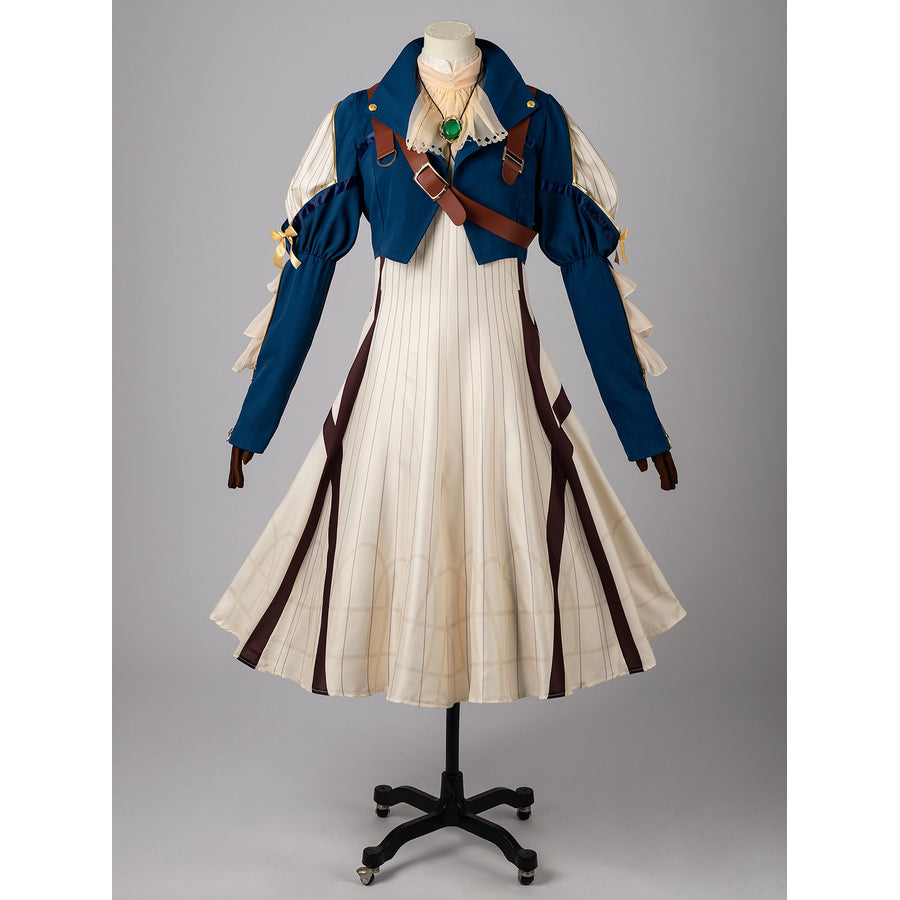 Violet Evergarden cosplay costume centers blue jacket with brown straps over a cream pinstriped dress with gem-like.