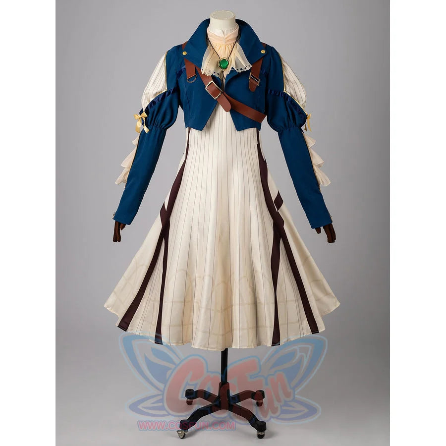 COSFUN Violet Evergarden cosplay costume centers blue cropped jacket with shoulder straps layered over an off-white striped.