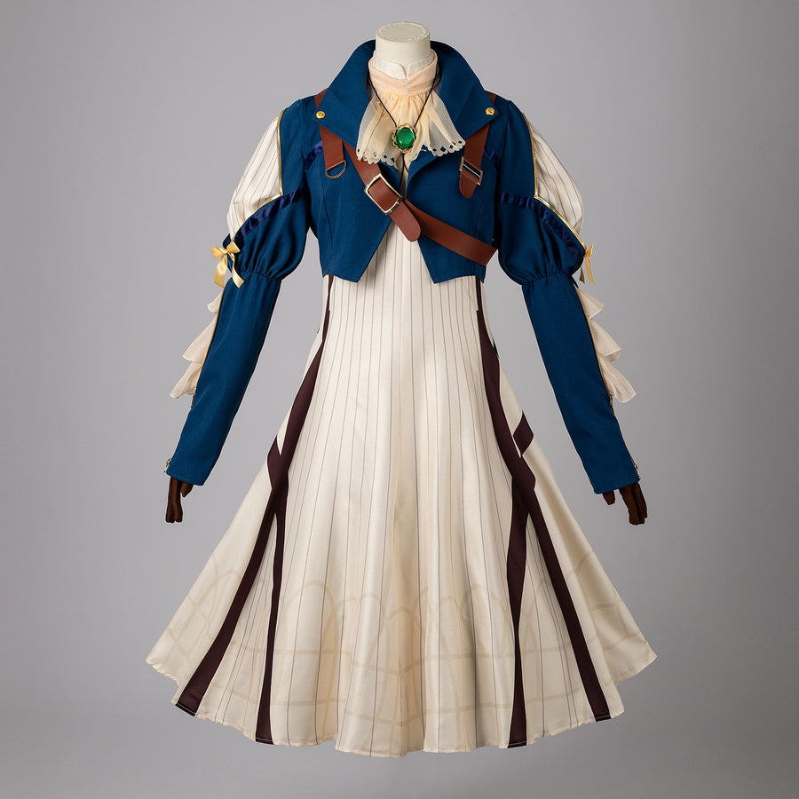 COSFUN Violet Evergarden cosplay costume centers blue cropped jacket with shoulder straps layered over an off-white striped.