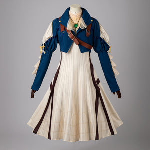 COSFUN Violet Evergarden cosplay costume centers blue cropped jacket with shoulder straps layered over an off-white striped.