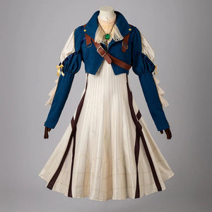 COSFUN Violet Evergarden cosplay costume centers blue cropped jacket with shoulder straps layered over an off-white striped.