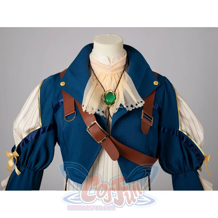 Violet Evergarden cosplay costume centers blue jacket with shoulder straps layered over a pinstriped dress and a beige.