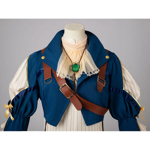 Violet Evergarden cosplay costume centers blue jacket with shoulder straps layered over a pinstriped dress and a beige.