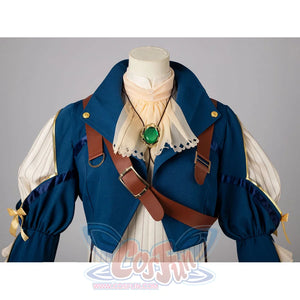 Violet Evergarden cosplay costume centers blue jacket with shoulder straps layered over a pinstriped dress and a beige.