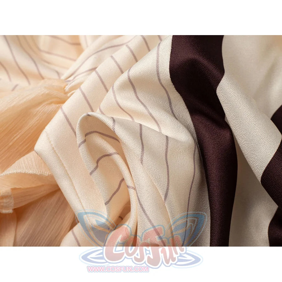 Violet Evergarden cosplay costume captures the soft texture and precise pin stripes of the jacquard satin dress fabric.