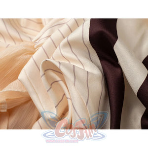 Violet Evergarden cosplay costume captures the soft texture and precise pin stripes of the jacquard satin dress fabric.