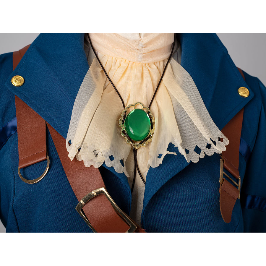 Violet Evergarden cosplay costume centers blue jacket with brown straps and green gem-like accents-like accents collar bow.