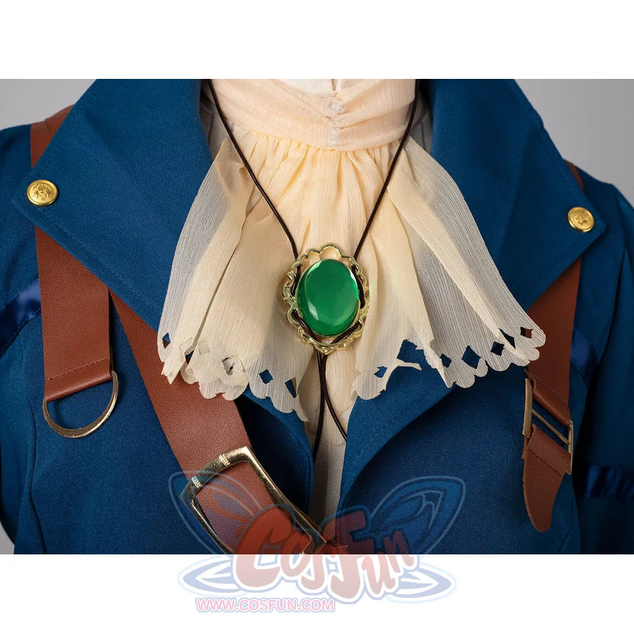 Violet Evergarden cosplay costume centers blue jacket with brown straps and green gem-like accents-like accents collar bow.