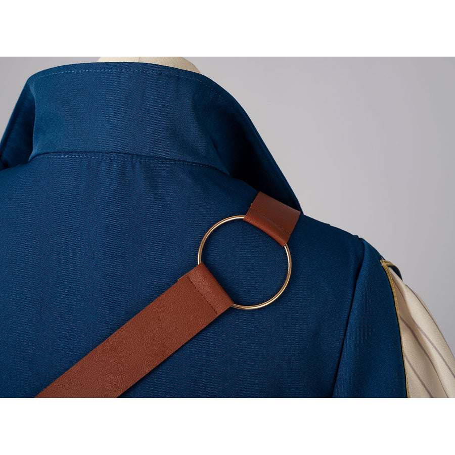 Violet Evergarden cosplay costume jacket pairs a brown strap that anchors to the shoulder with a circular gold-tone ring.