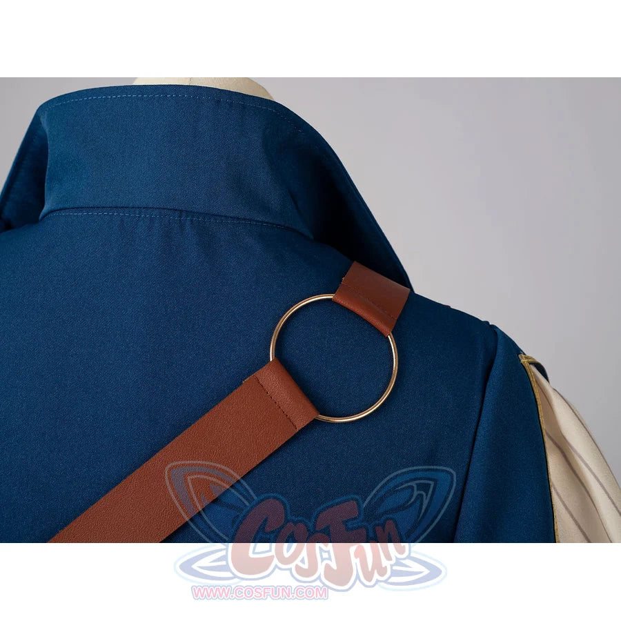 Violet Evergarden cosplay costume jacket pairs a brown strap that anchors to the shoulder with a circular gold-tone ring.
