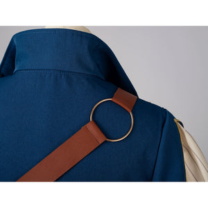 Violet Evergarden cosplay costume jacket pairs a brown strap that anchors to the shoulder with a circular gold-tone ring.