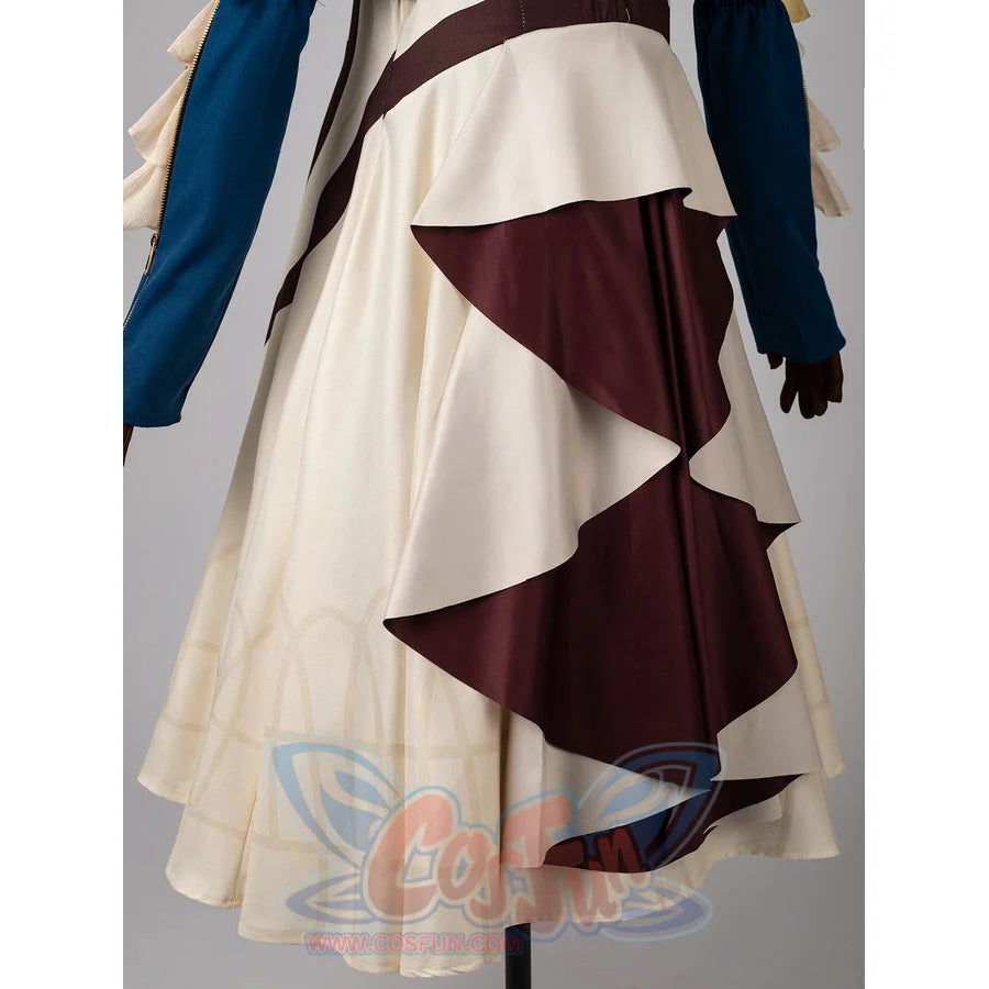 Violet Evergarden cosplay costume pairs layered jacquard satin panels that drape elegantly over the patterned skirt.