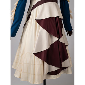 Violet Evergarden cosplay costume pairs layered jacquard satin panels that drape elegantly over the patterned skirt.