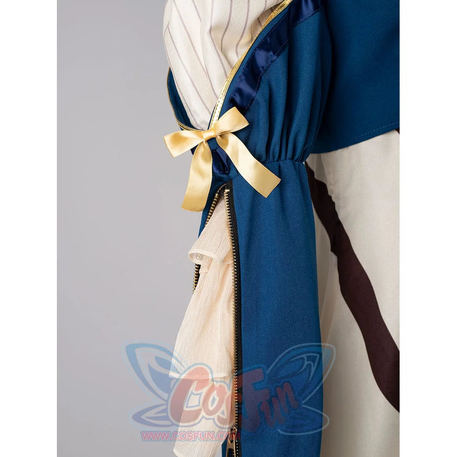 Violet Evergarden cosplay costume centers blue sleeve with gold-tone bow and ruffled beige trim.