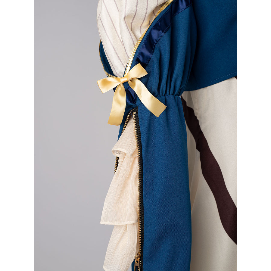 Violet Evergarden cosplay costume centers blue sleeve with gold-tone bow and ruffled beige trim.