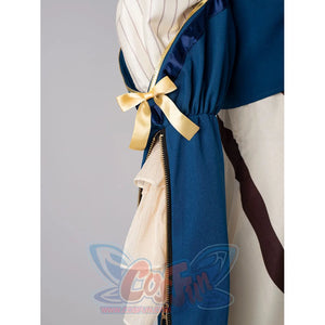 Violet Evergarden cosplay costume centers blue sleeve with gold-tone bow and ruffled beige trim.