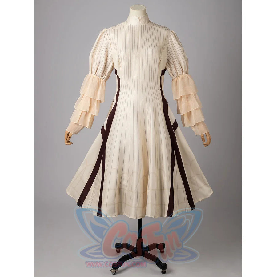 Violet Evergarden cosplay costume pairs a striped dress with gathered ruffle sleeve layers and dark vertical paneling.
