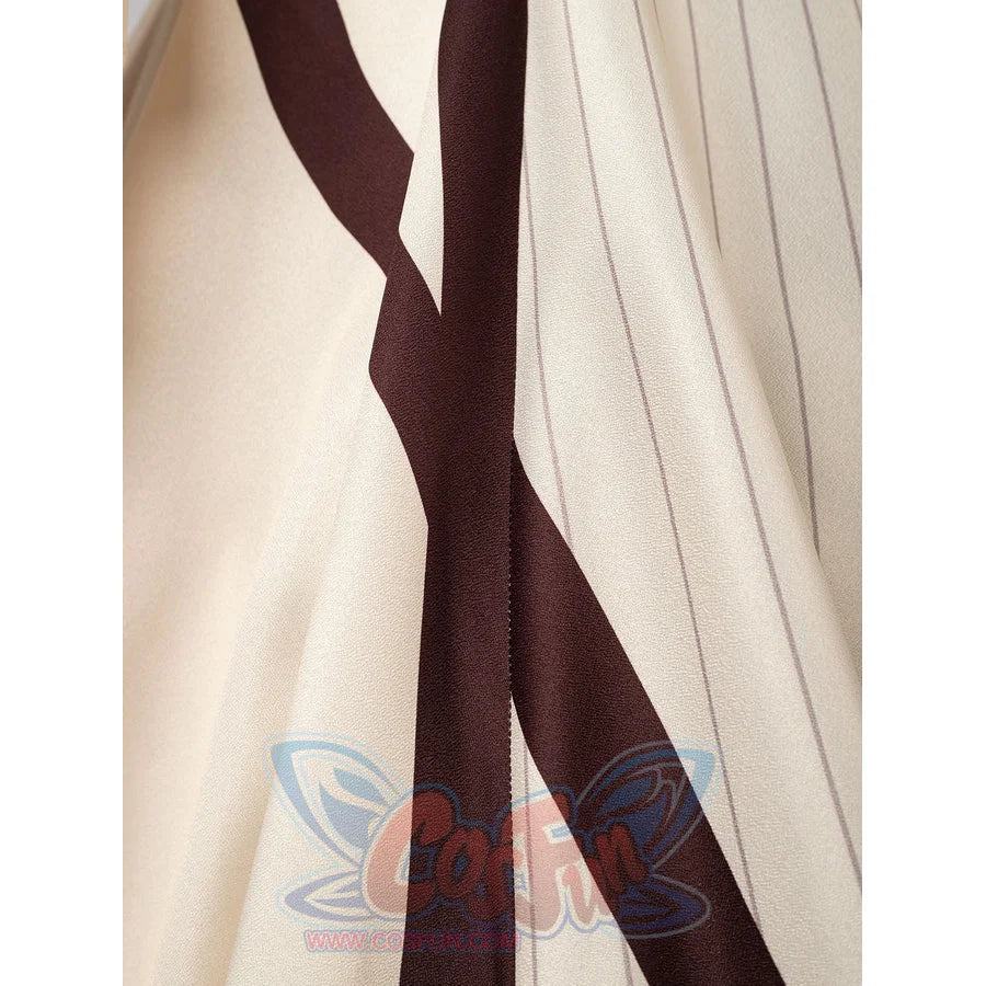 Violet Evergarden cosplay costume fabric layers anchor deep brown trim against soft cream material with vertical lines.