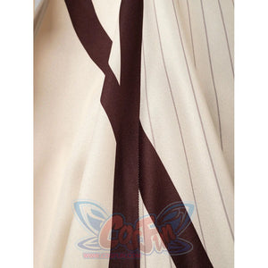 Violet Evergarden cosplay costume fabric layers anchor deep brown trim against soft cream material with vertical lines.