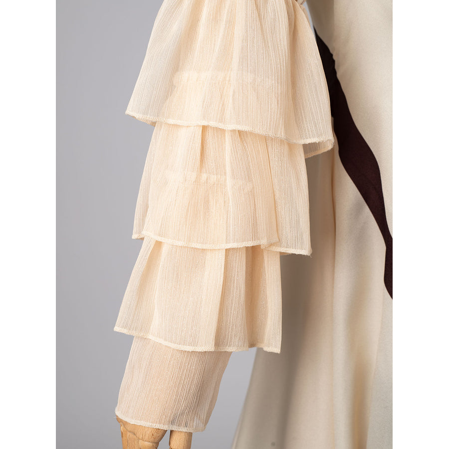 Violet Evergarden cosplay costume has tiered sheer fabric layers on the sleeve that create a soft and elegant aesthetic.