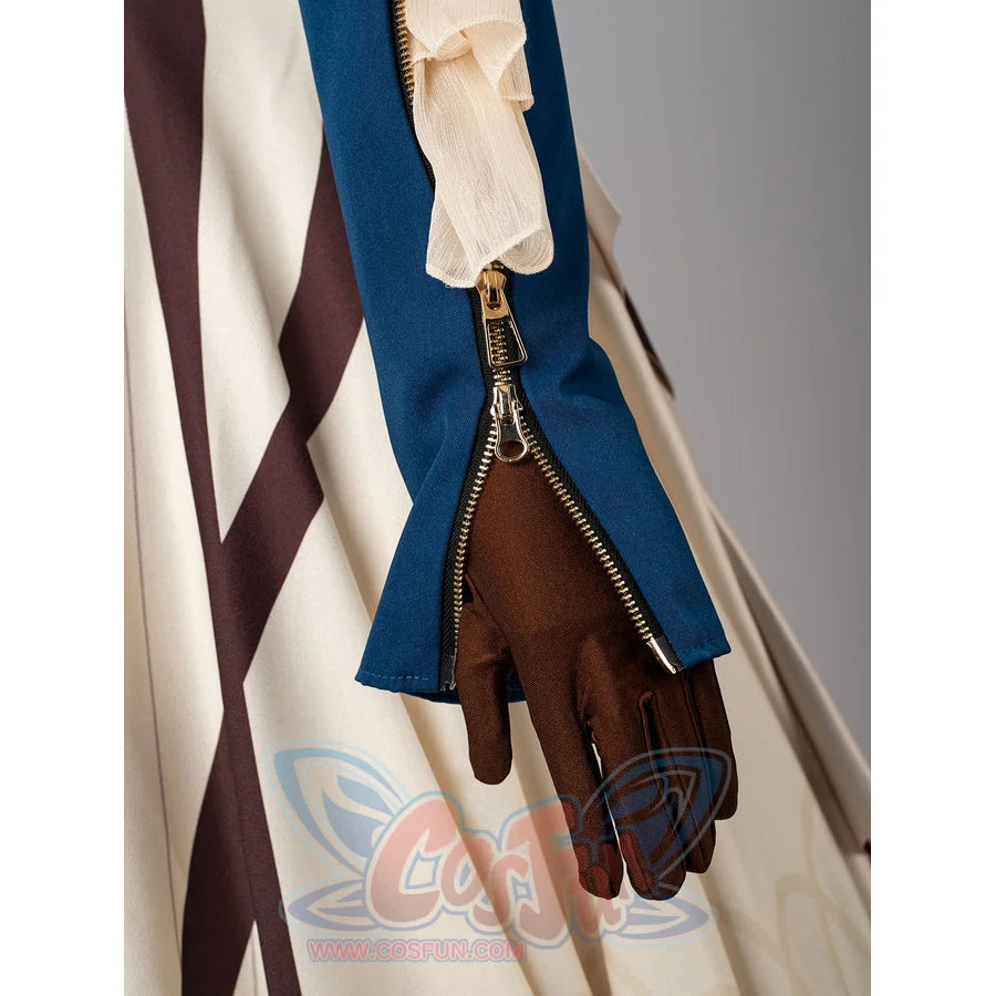 Violet Evergarden cosplay costume sleeve detail frames a blue zipper cuff above a brown glove.