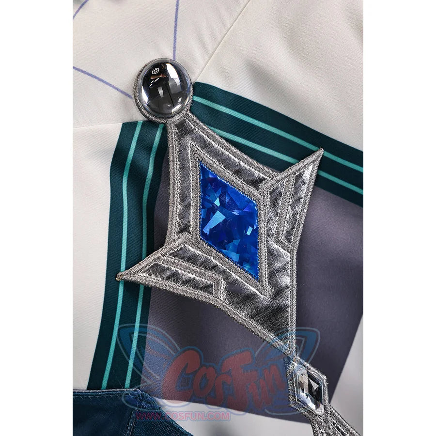 Vodyanitsa cosplay costume bodice ornament detail with silver-tone framing and a faceted blue center.