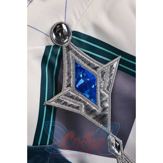 Vodyanitsa cosplay costume bodice ornament detail with silver-tone framing and a faceted blue center.