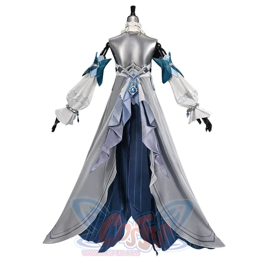 Vodyanitsa cosplay costume back view with a silver waist ornament and long gray and deep teal skirt panels.