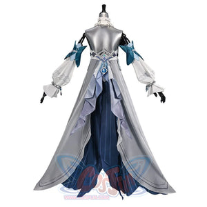 Vodyanitsa cosplay costume back view with a silver waist ornament and long gray and deep teal skirt panels.