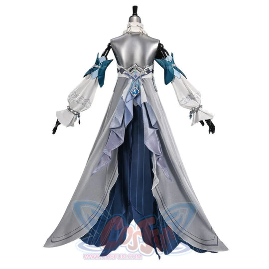 Vodyanitsa cosplay costume back view with a silver waist ornament and long gray and deep teal skirt panels.