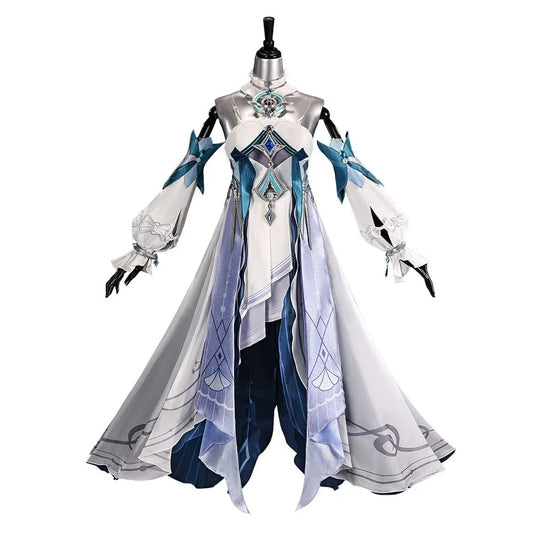 Genshin Impact Vodyanitsa cosplay costume front view with white, silver, pale blue and deep teal layers.