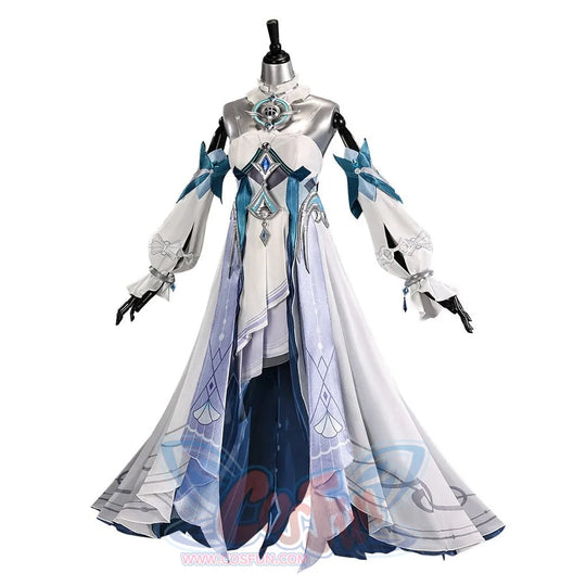 Vodyanitsa cosplay costume front view with the white outer skirt spread around pale blue and deep teal layers.