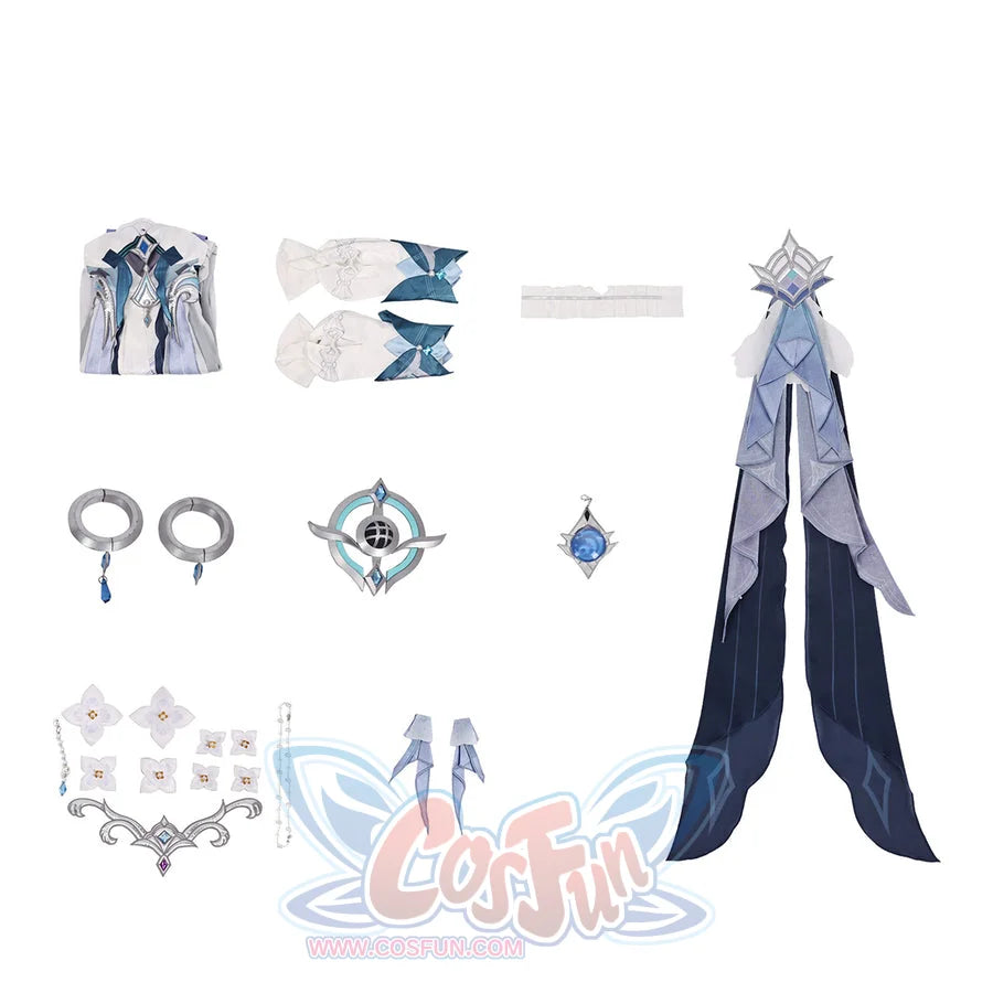 Vodyanitsa cosplay costume set flat lay with white, gray, pale blue and deep teal pieces arranged for viewing.