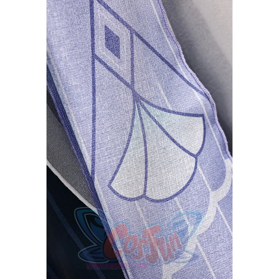 Vodyanitsa cosplay costume panel detail with translucent lavender fabric and a dark geometric motif.