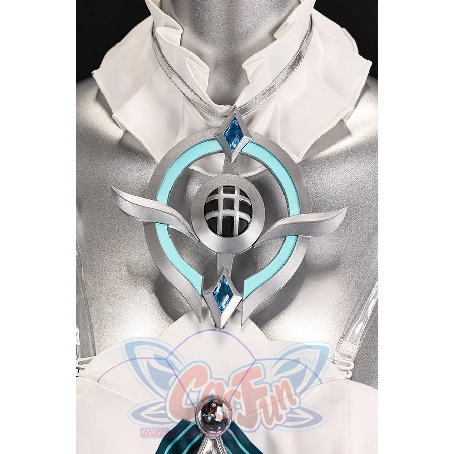 Vodyanitsa cosplay costume neck ornament detail with silver-tone framing, teal rings and blue gem-like accents.