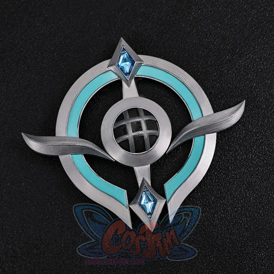 Vodyanitsa cosplay neck ornament flat lay with teal rings, silver-tone curves and blue gem-like accents.