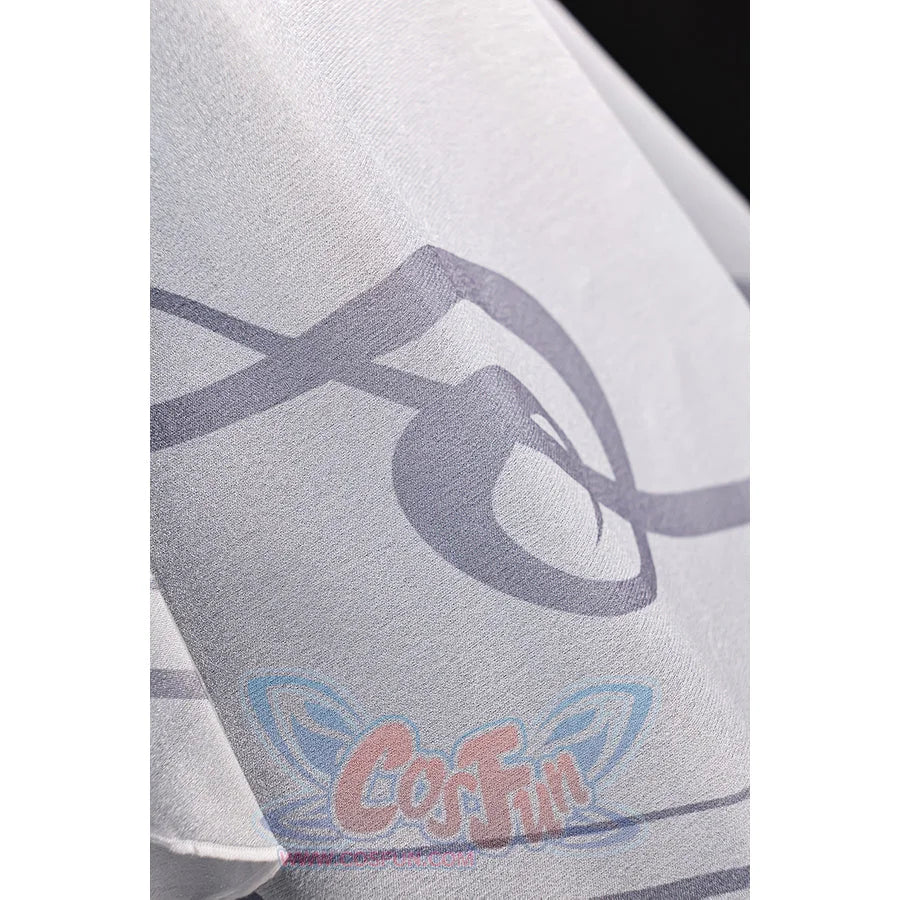 Vodyanitsa cosplay costume overlay detail with translucent white fabric and a gray curved motif.