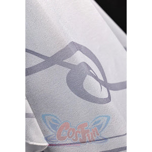 Vodyanitsa cosplay costume overlay detail with translucent white fabric and a gray curved motif.