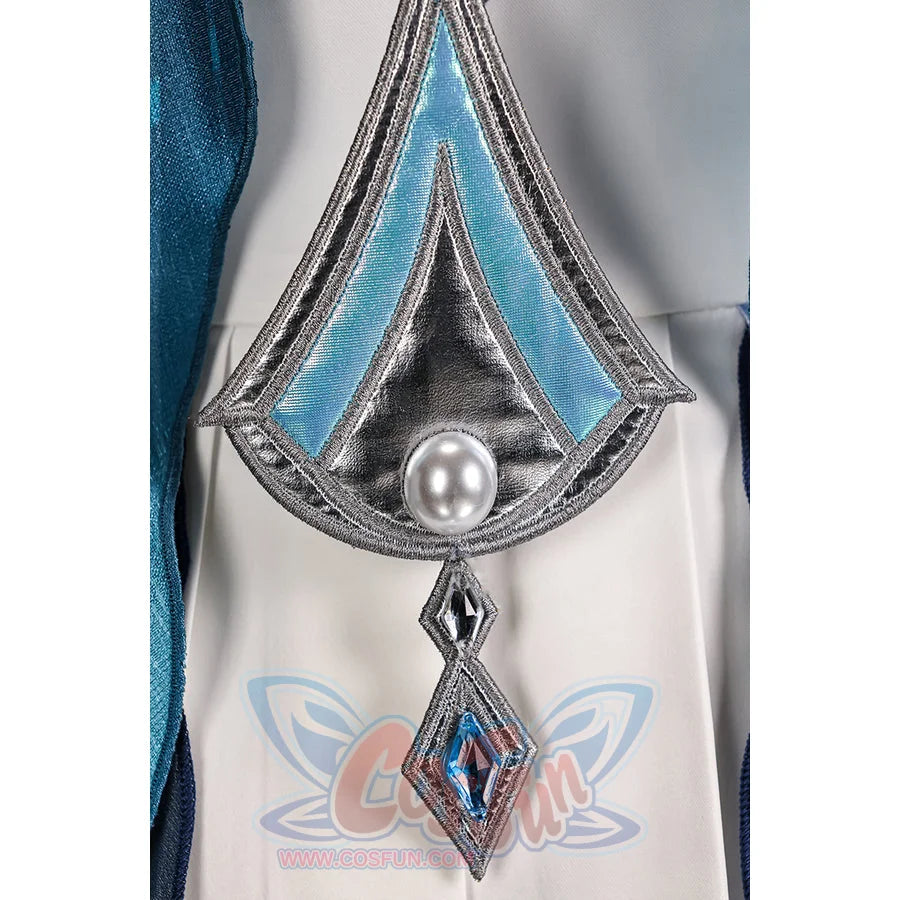 Vodyanitsa cosplay costume side ornament detail with silver-tone framing, teal fabric and blue gem-like drops.