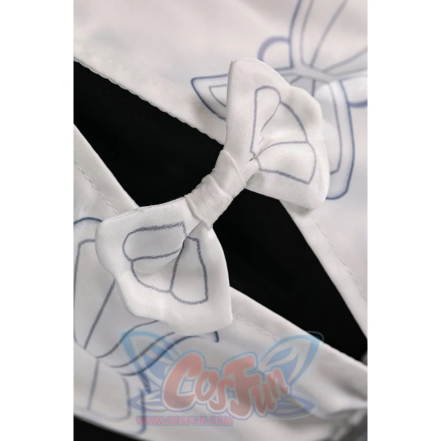 Vodyanitsa cosplay costume sleeve detail with a small white bow and gray printed outlines.