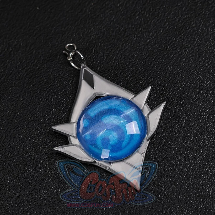 Vodyanitsa cosplay Vision flat lay with a round blue center and silver-tone pointed frame.