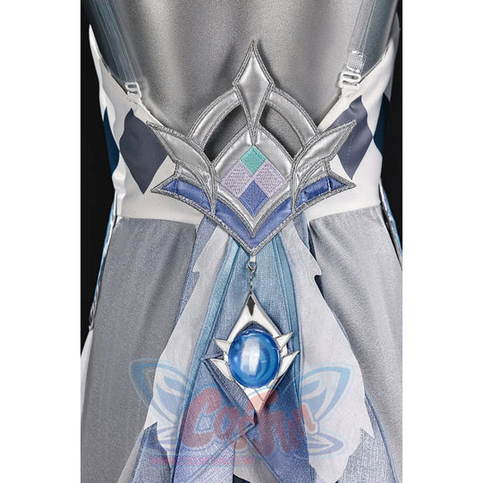 Vodyanitsa cosplay costume waist detail with layered silver-tone framing and a blue pendant ornament.