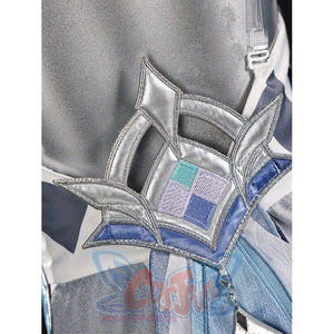Vodyanitsa cosplay costume waist ornament detail with silver-tone arches and blue embroidered squares.