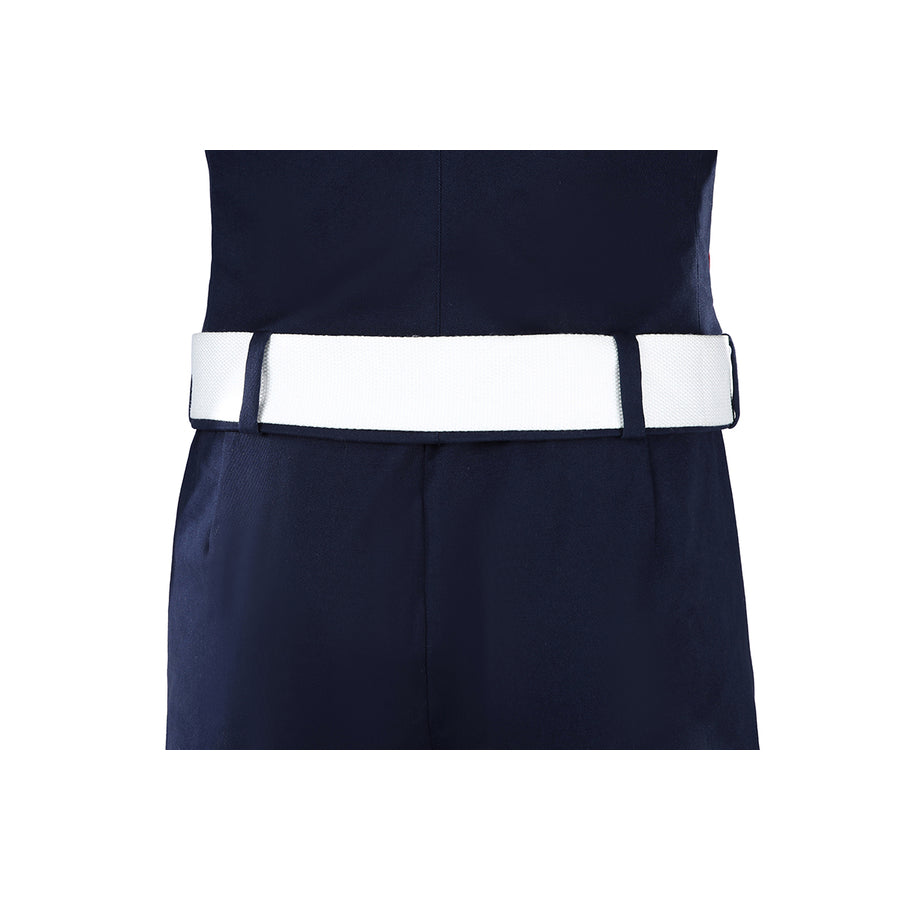 The Boys Torpedo cosplay back waist detail lines the white belt across navy trousers.