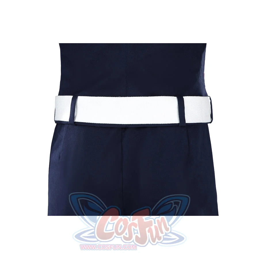 The Boys Torpedo cosplay back waist detail lines the white belt across navy trousers.