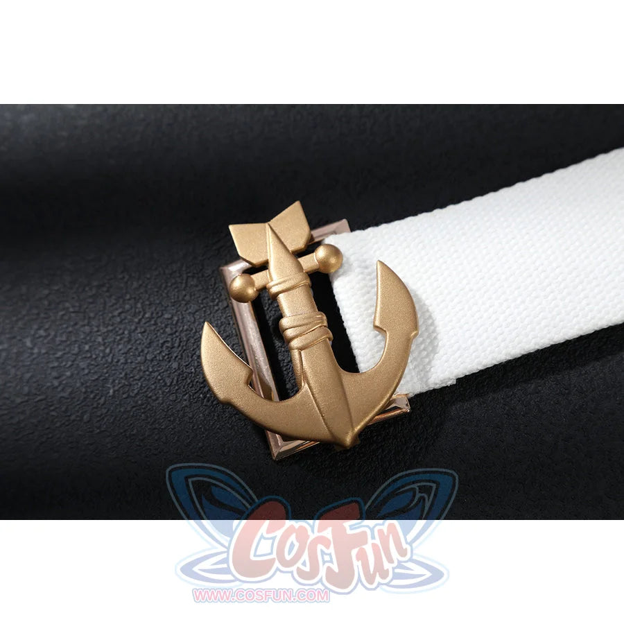 The Boys Torpedo cosplay belt buckle detail centers a gold-tone anchor over a white strap.
