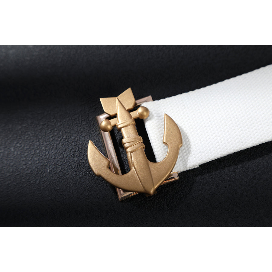 The Boys Torpedo cosplay belt buckle detail centers a gold-tone anchor over a white strap.
